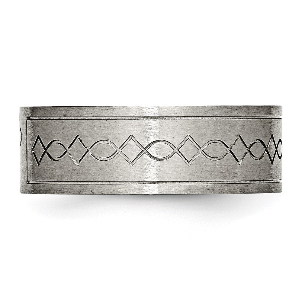 Alternate view of the 8mm Titanium Brushed Cross Design Flat Standard Fit Band by The Black Bow Jewelry Co.