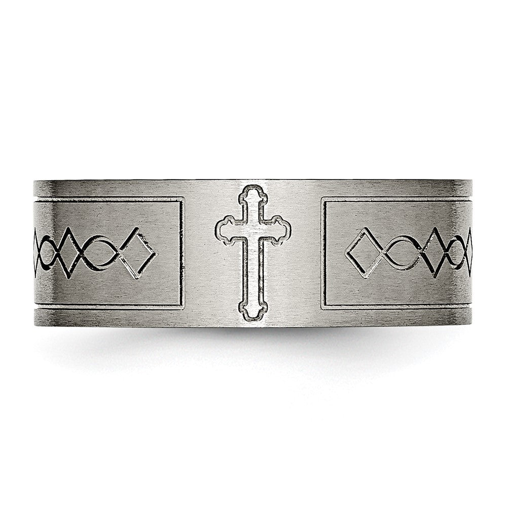 Alternate view of the 8mm Titanium Brushed Cross Design Flat Standard Fit Band by The Black Bow Jewelry Co.