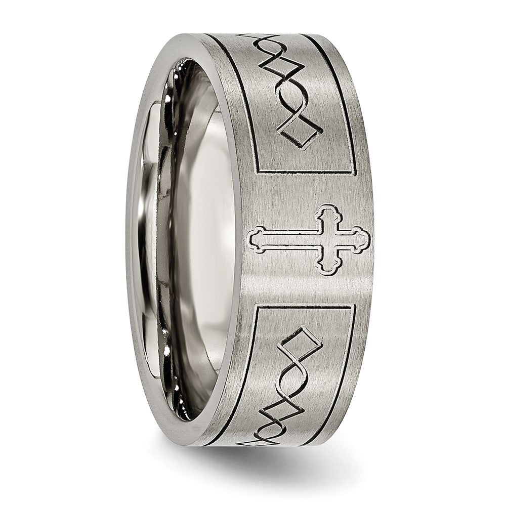 Alternate view of the 8mm Titanium Brushed Cross Design Flat Standard Fit Band by The Black Bow Jewelry Co.