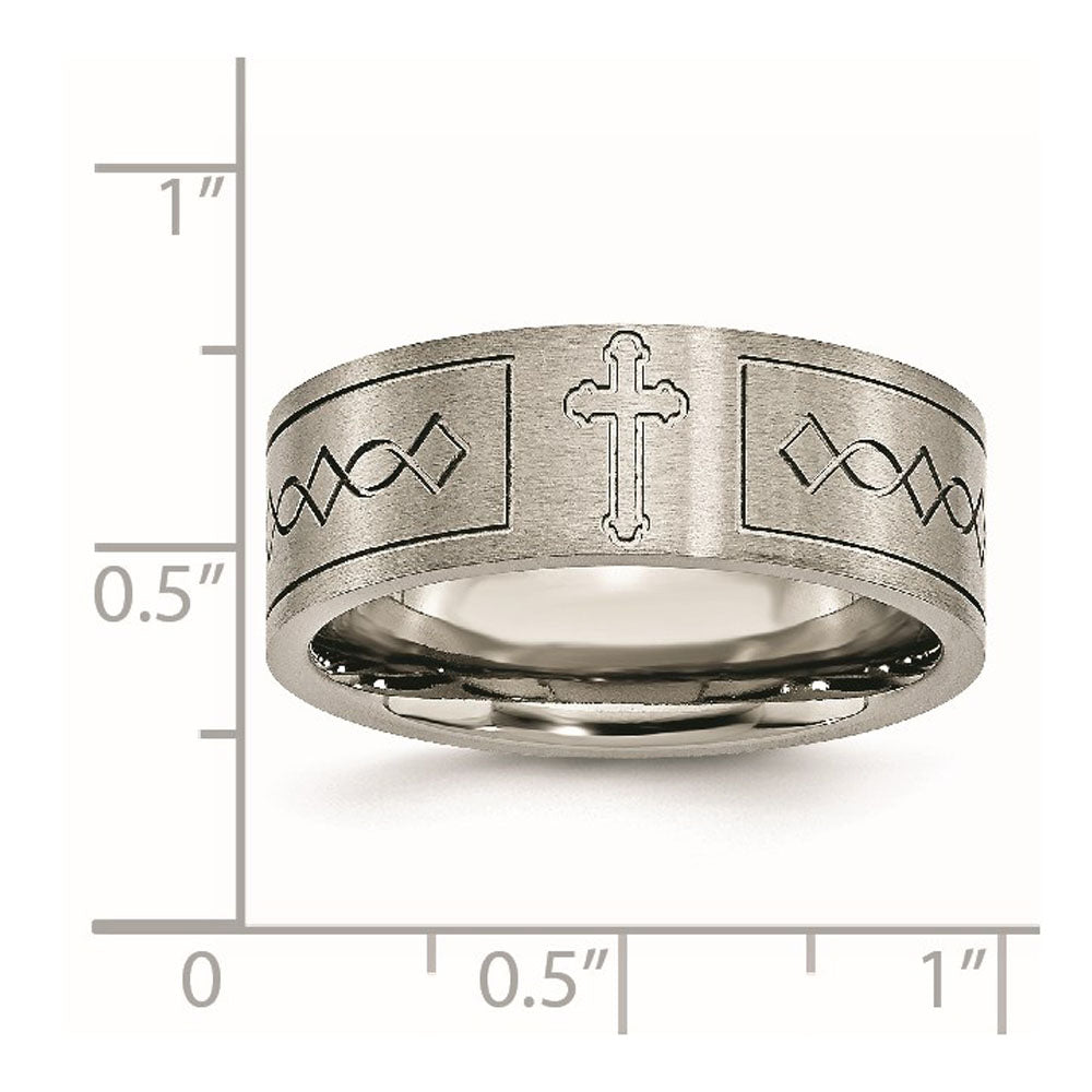 Alternate view of the 8mm Titanium Brushed Cross Design Flat Standard Fit Band by The Black Bow Jewelry Co.