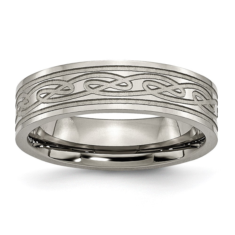 6mm Titanium Laser Etched Celtic Knot Flat Comfort Fit Band, Item R11891 by The Black Bow Jewelry Co.