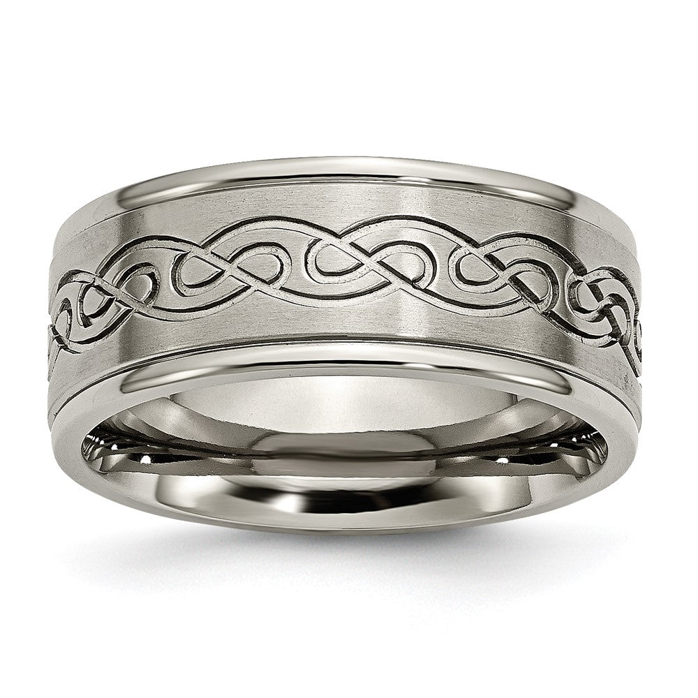 9mm Titanium Scroll Design Rounded Edge Standard Fit Band, Item R11894 by The Black Bow Jewelry Co.