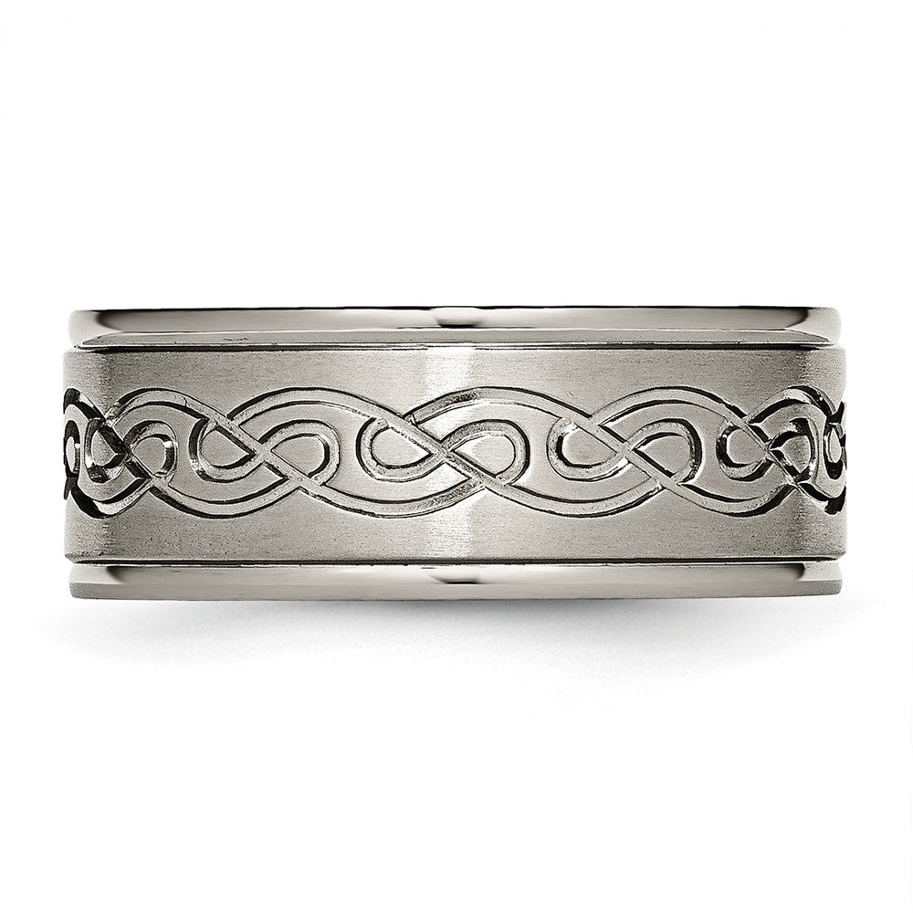Alternate view of the 9mm Titanium Scroll Design Rounded Edge Standard Fit Band by The Black Bow Jewelry Co.