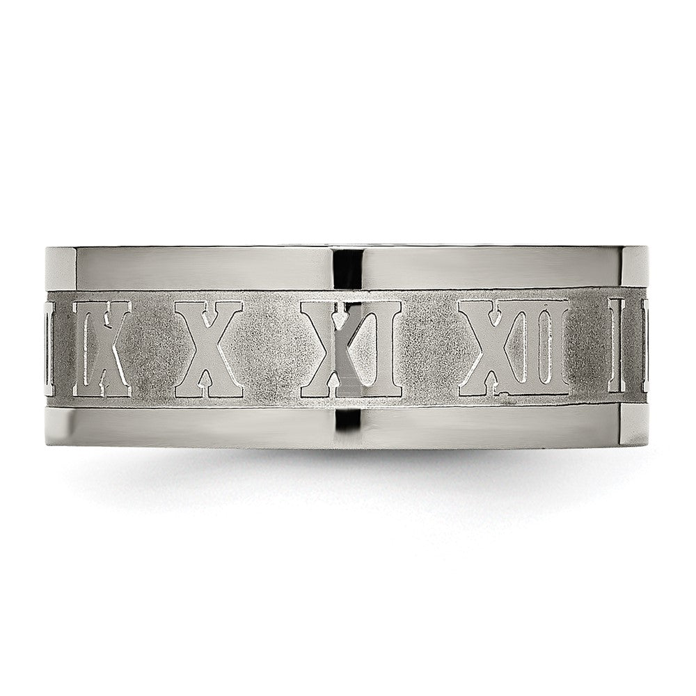 Alternate view of the 8mm Titanium Satin Center Roman Numerals Flat Standard Fit Band by The Black Bow Jewelry Co.