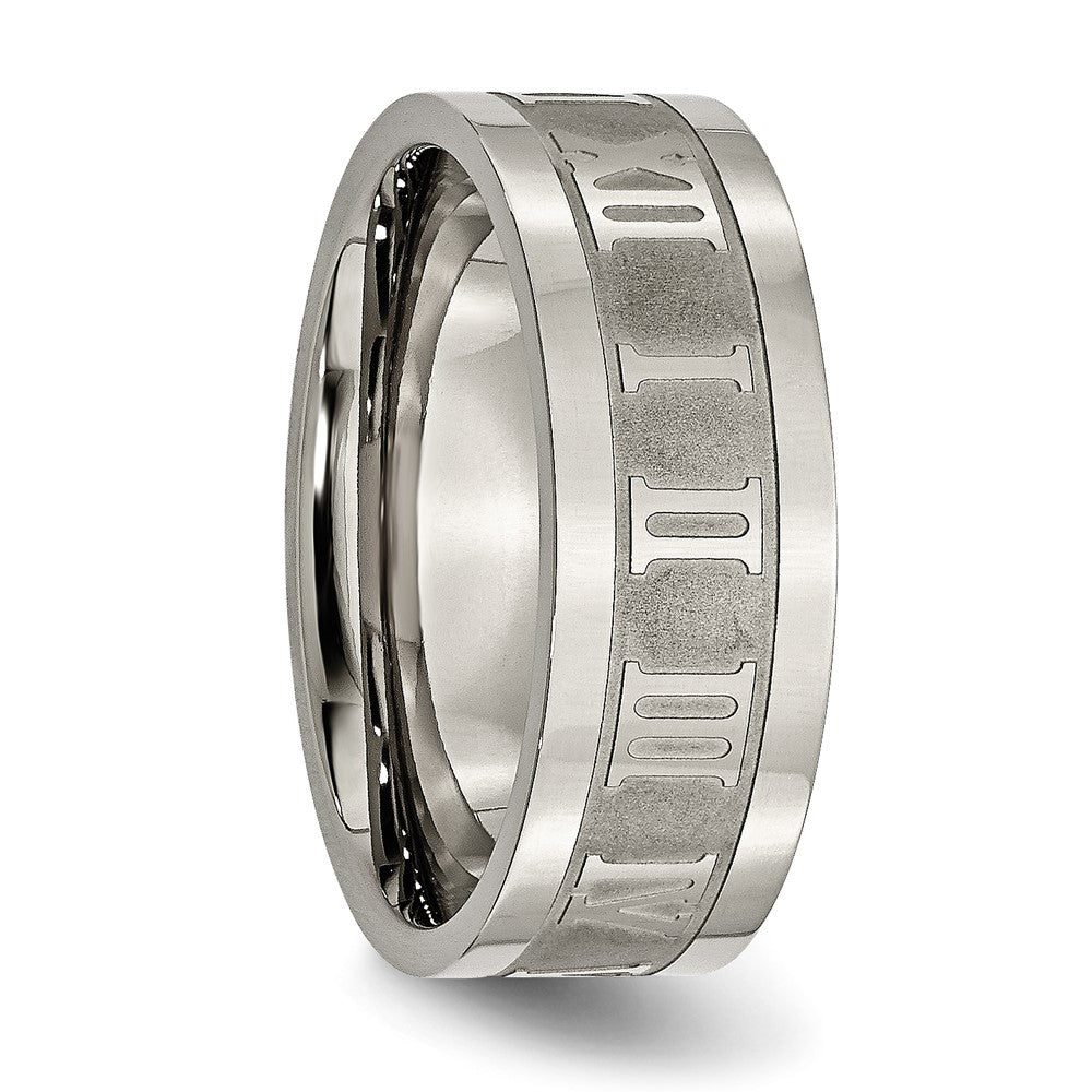 Alternate view of the 8mm Titanium Satin Center Roman Numerals Flat Standard Fit Band by The Black Bow Jewelry Co.