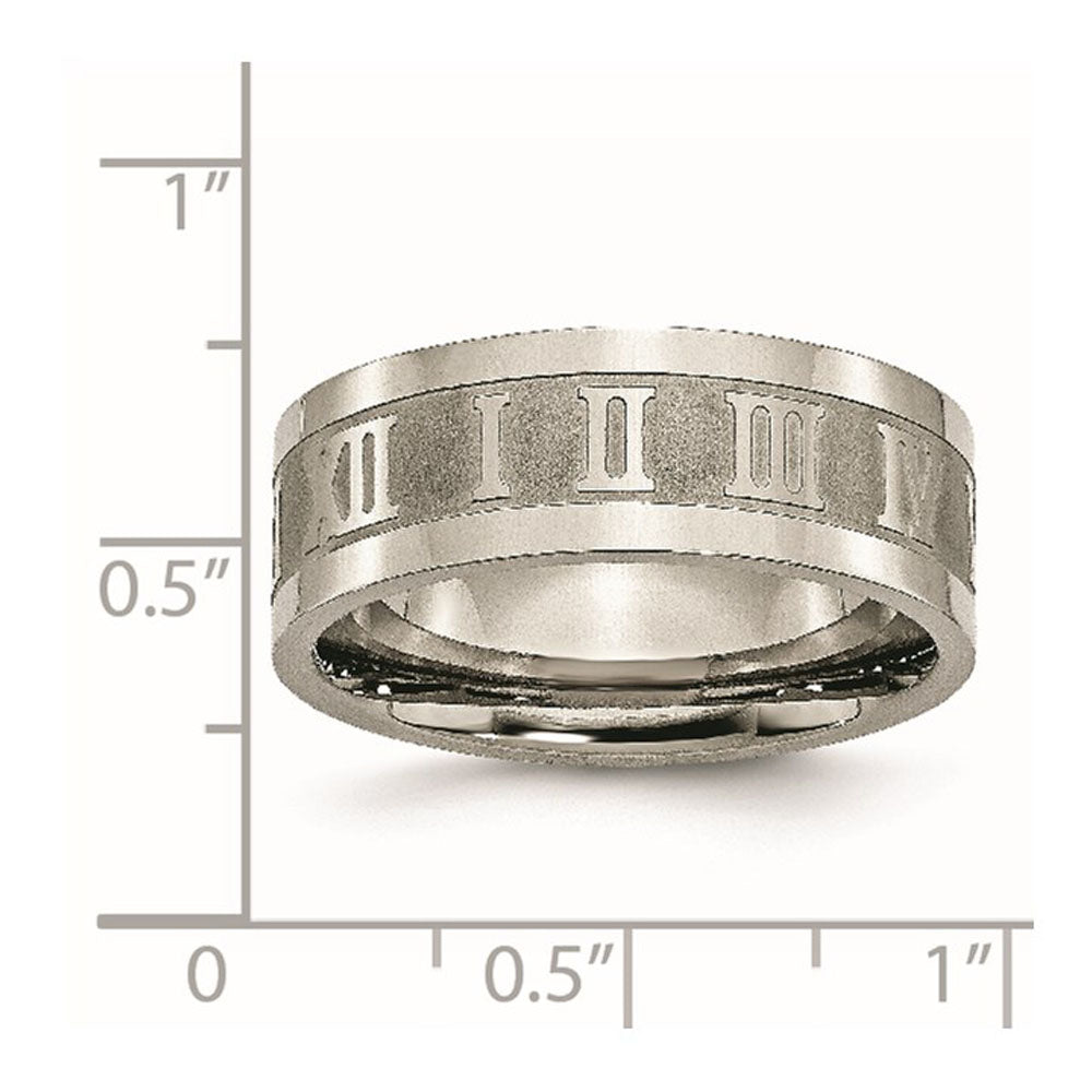 Alternate view of the 8mm Titanium Satin Center Roman Numerals Flat Standard Fit Band by The Black Bow Jewelry Co.