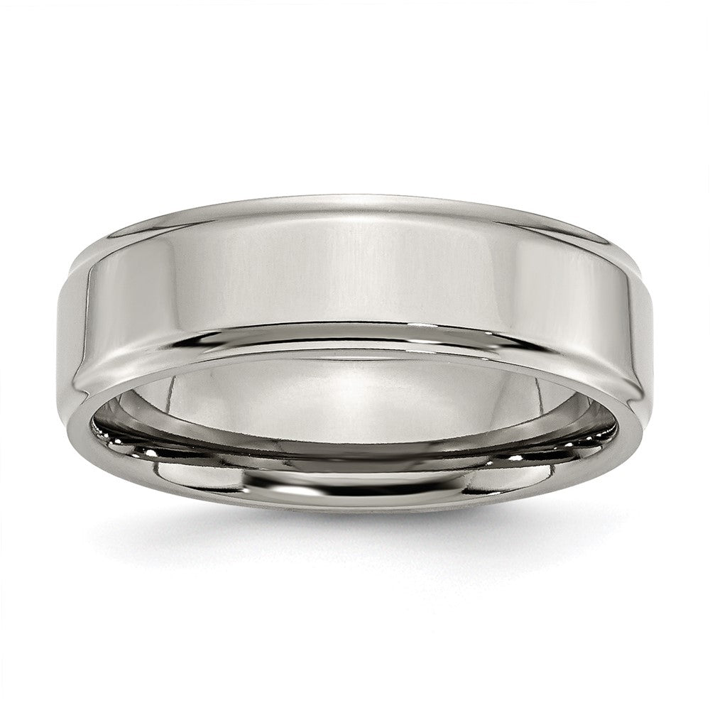 7mm Titanium Polished Flat & Ridged Edge Standard Fit Band, Item R11898 by The Black Bow Jewelry Co.