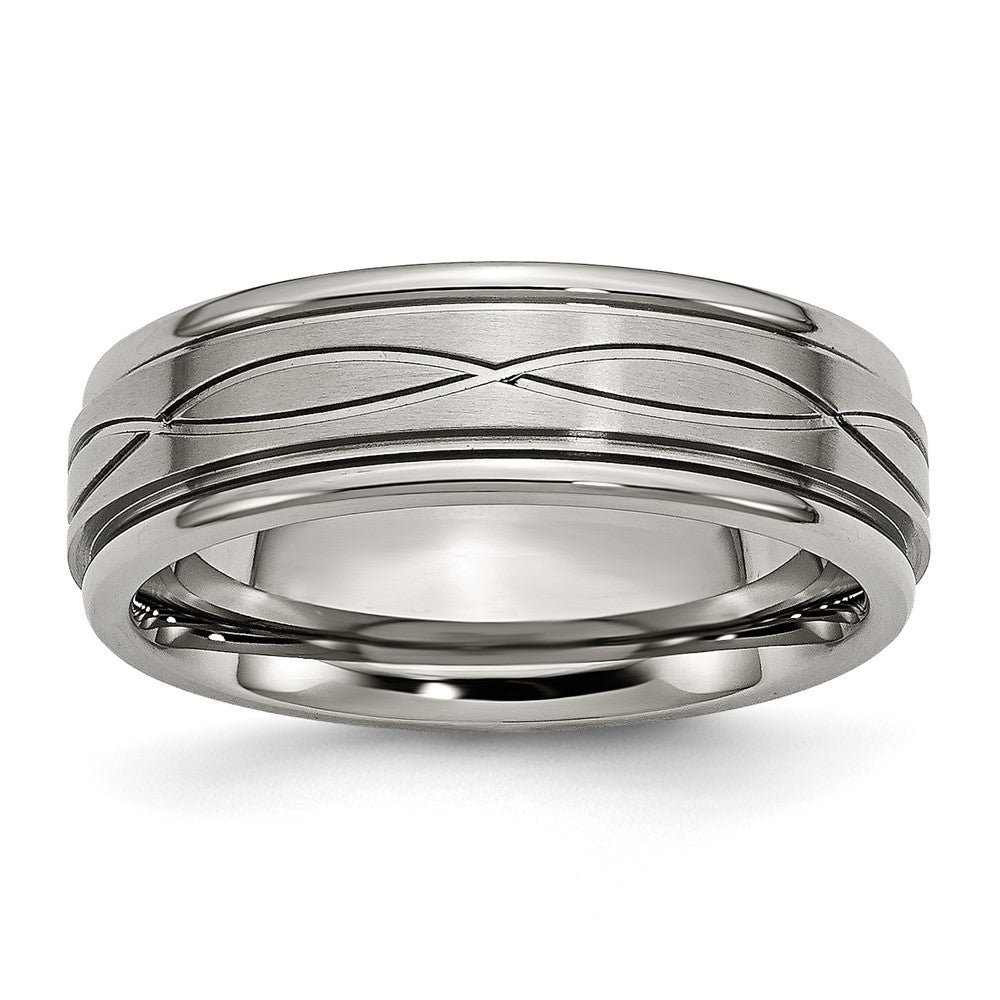 7mm Titanium Crisscross Design Grooved Edge Standard Fit Band, Item R11900 by The Black Bow Jewelry Co.