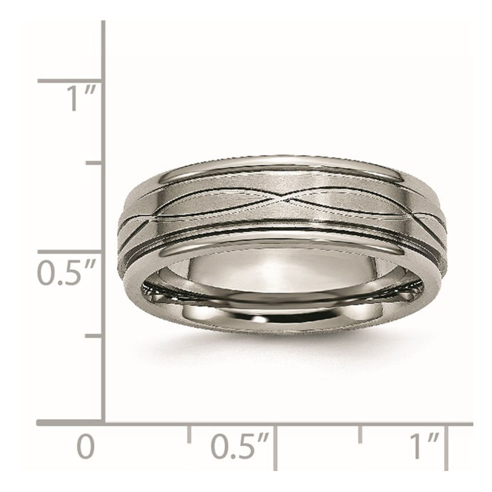 Alternate view of the 7mm Titanium Crisscross Design Grooved Edge Standard Fit Band by The Black Bow Jewelry Co.