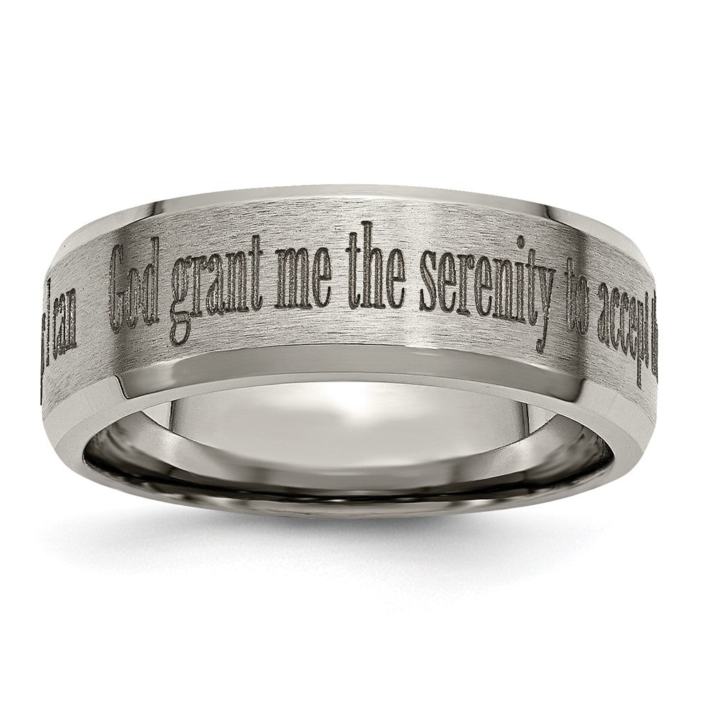 8mm Titanium Lasered Serenity Prayer Beveled Edge Standard Fit Band, Item R11903 by The Black Bow Jewelry Co.