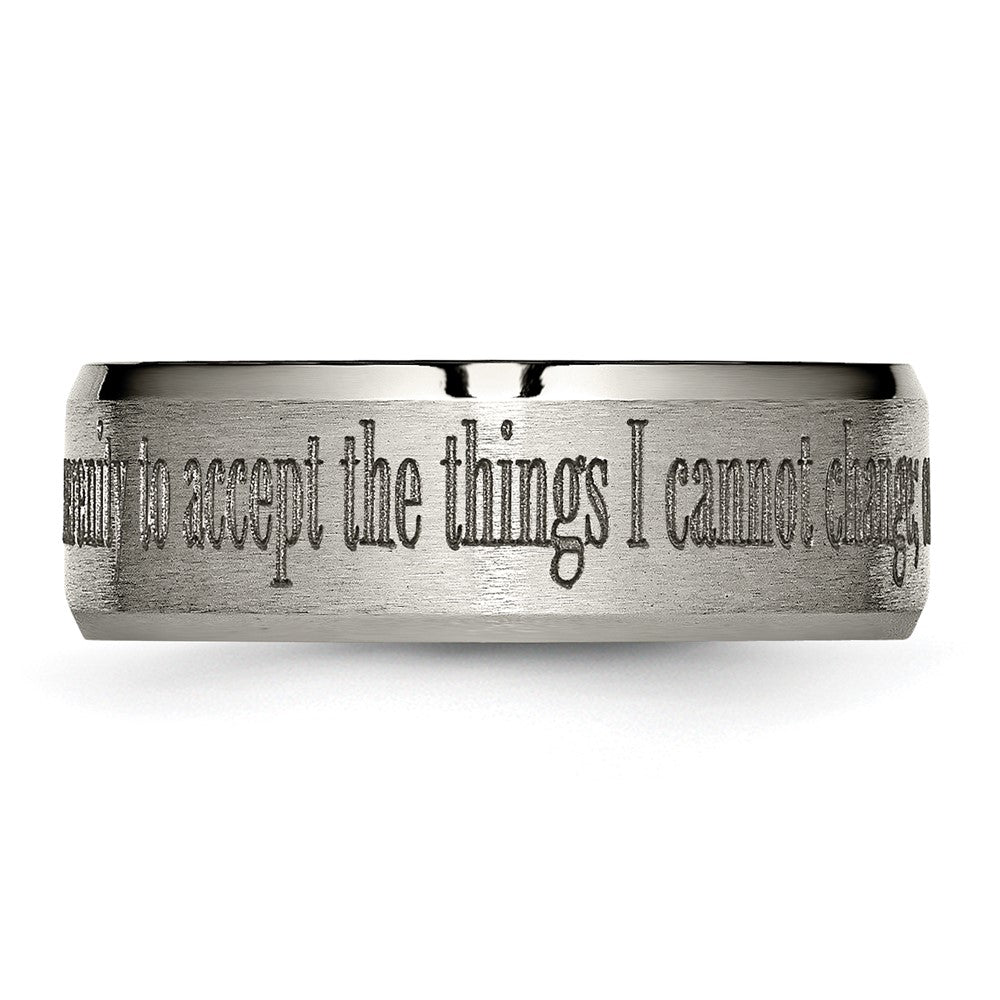 Alternate view of the 8mm Titanium Lasered Serenity Prayer Beveled Edge Standard Fit Band by The Black Bow Jewelry Co.