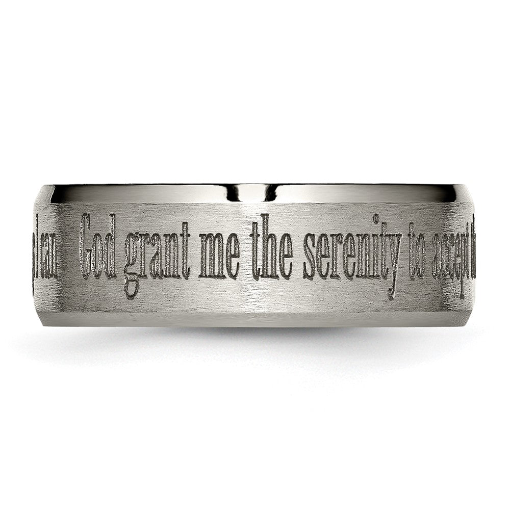Alternate view of the 8mm Titanium Lasered Serenity Prayer Beveled Edge Standard Fit Band by The Black Bow Jewelry Co.