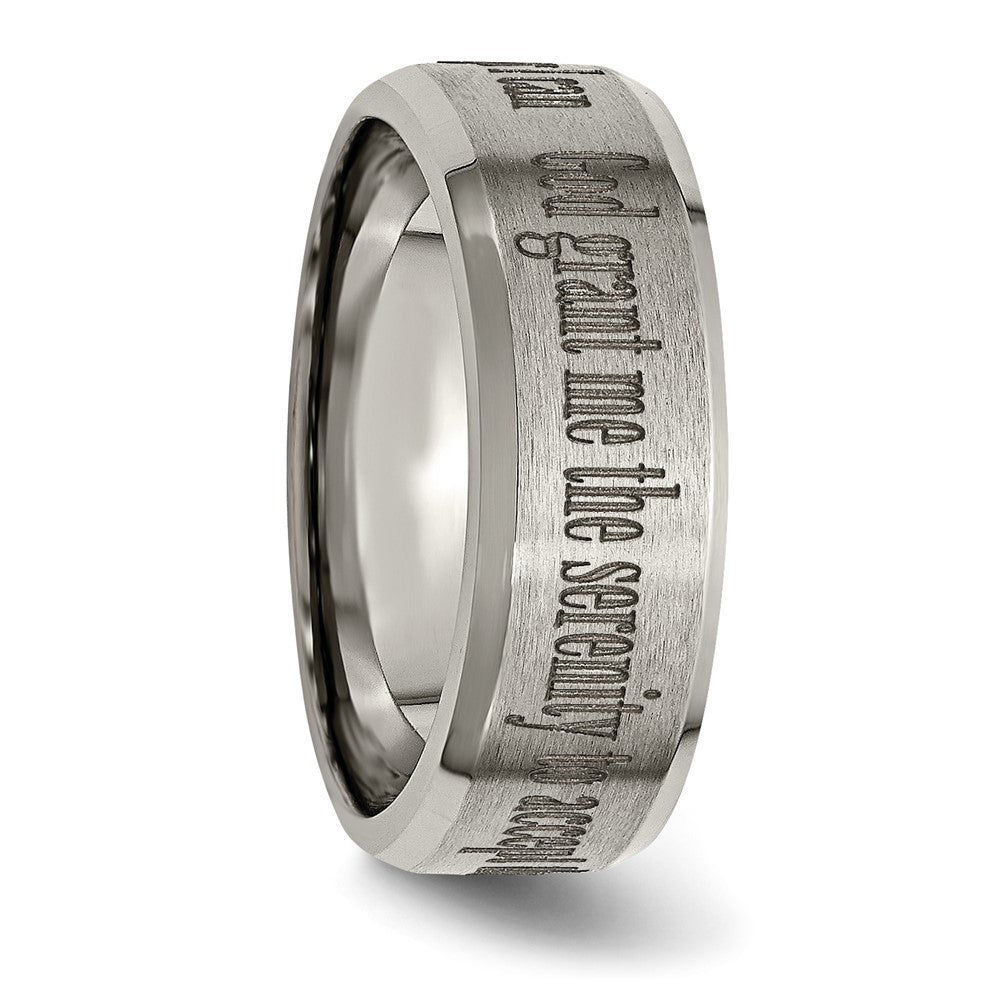 Alternate view of the 8mm Titanium Lasered Serenity Prayer Beveled Edge Standard Fit Band by The Black Bow Jewelry Co.