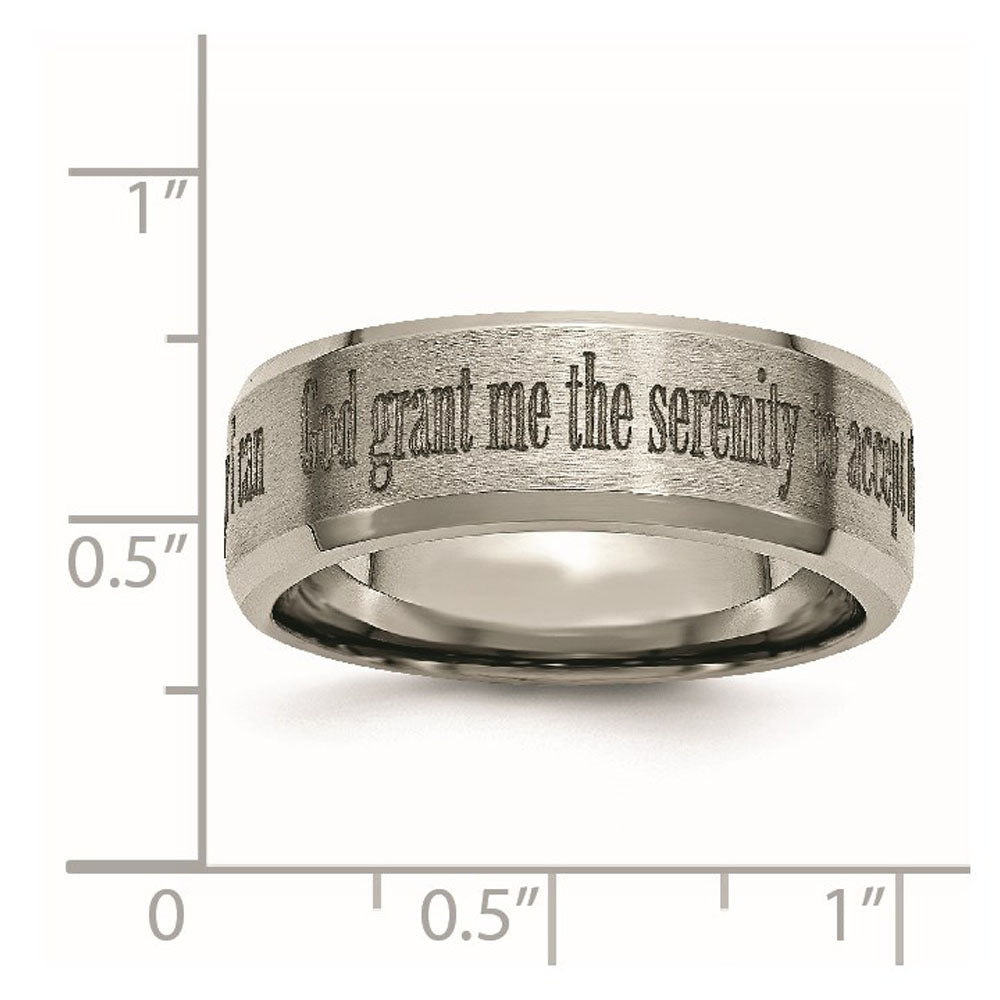 Alternate view of the 8mm Titanium Lasered Serenity Prayer Beveled Edge Standard Fit Band by The Black Bow Jewelry Co.