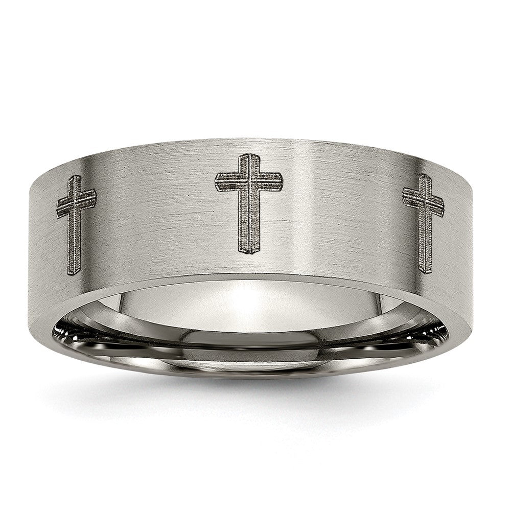 8mm Titanium Brushed & Lasered Cross Flat Standard Fit Band, Item R11907 by The Black Bow Jewelry Co.