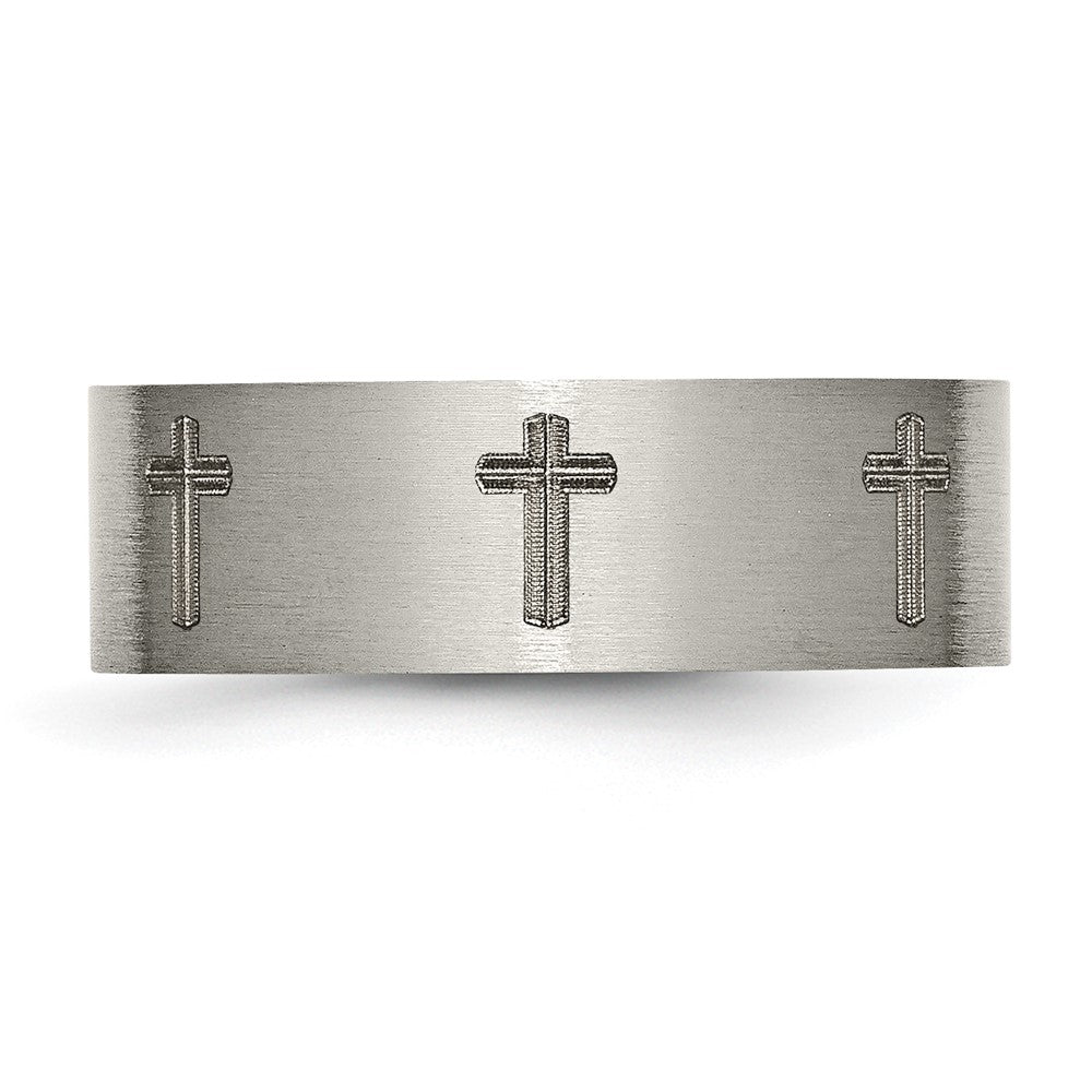 Alternate view of the 8mm Titanium Brushed & Lasered Cross Flat Standard Fit Band by The Black Bow Jewelry Co.