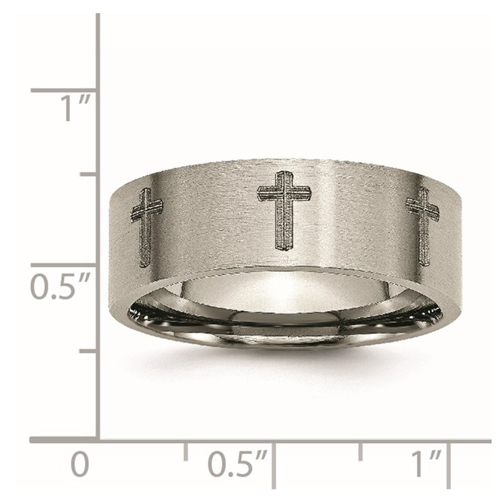 Alternate view of the 8mm Titanium Brushed & Lasered Cross Flat Standard Fit Band by The Black Bow Jewelry Co.