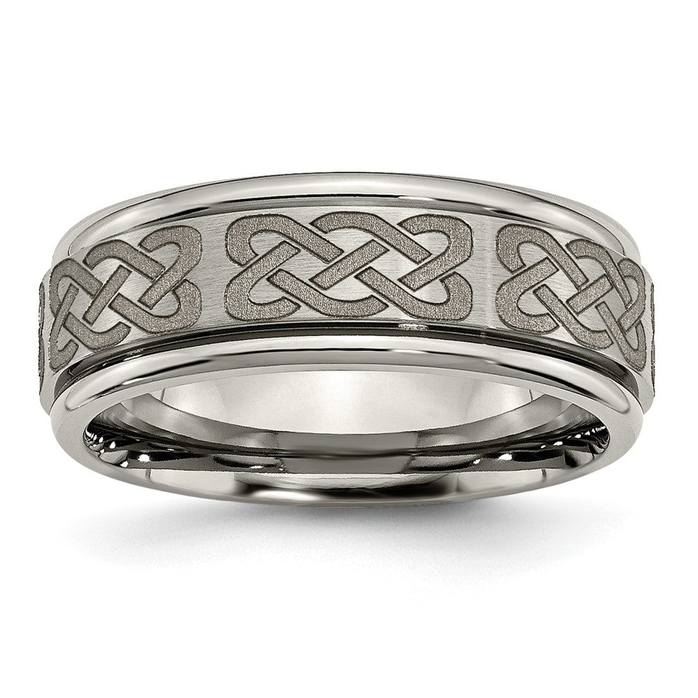 8mm Titanium Laser Etched Celtic Grooved Edge Standard Fit Band, Item R11909 by The Black Bow Jewelry Co.