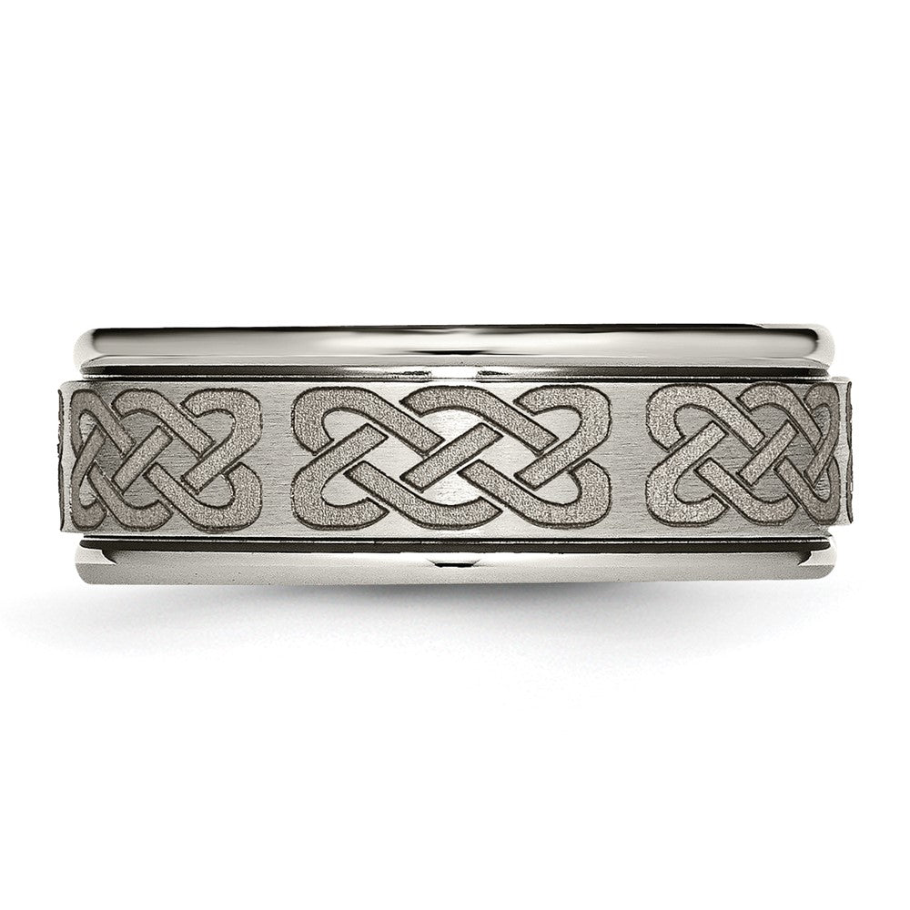 Alternate view of the 8mm Titanium Laser Etched Celtic Grooved Edge Standard Fit Band by The Black Bow Jewelry Co.