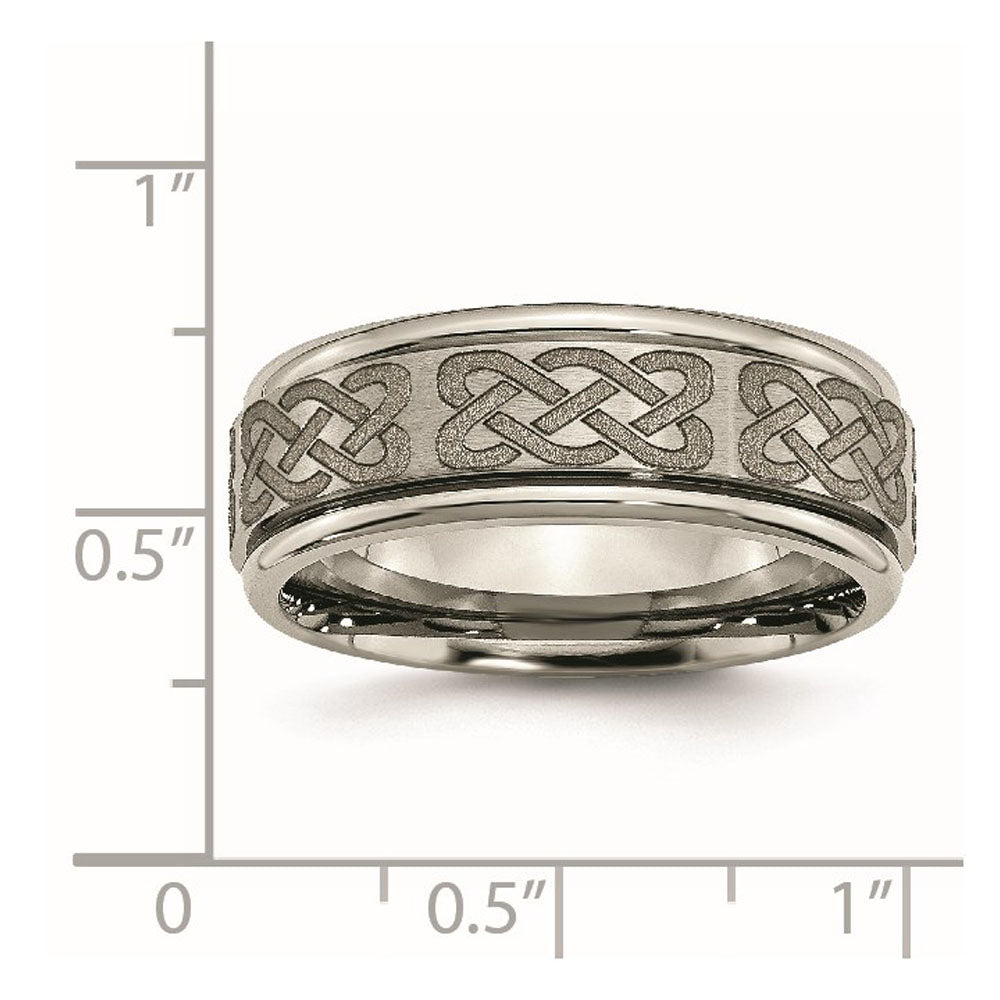 Alternate view of the 8mm Titanium Laser Etched Celtic Grooved Edge Standard Fit Band by The Black Bow Jewelry Co.