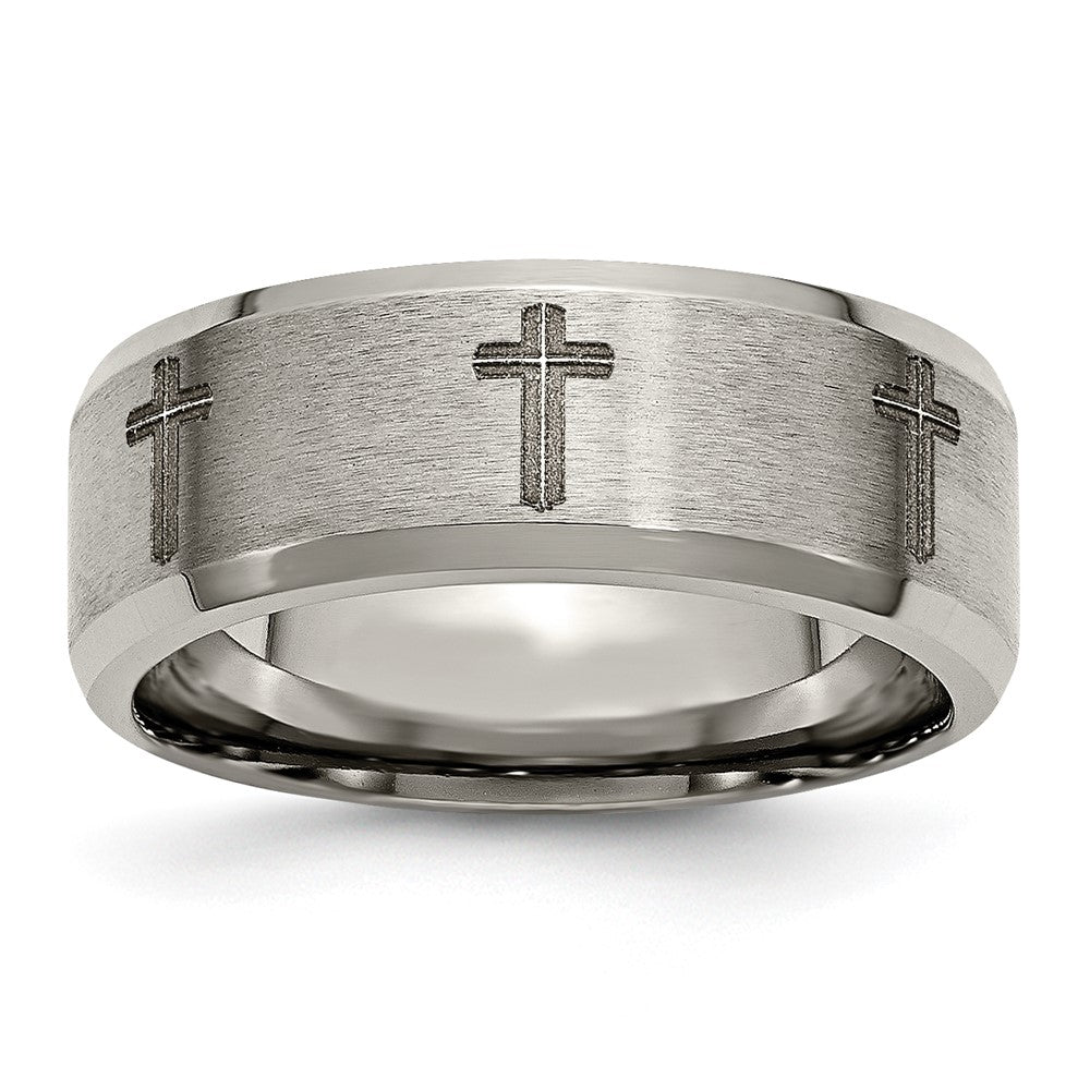 8mm Titanium Laser Etched Cross Beveled Edge Standard Fit Band, Item R11912 by The Black Bow Jewelry Co.