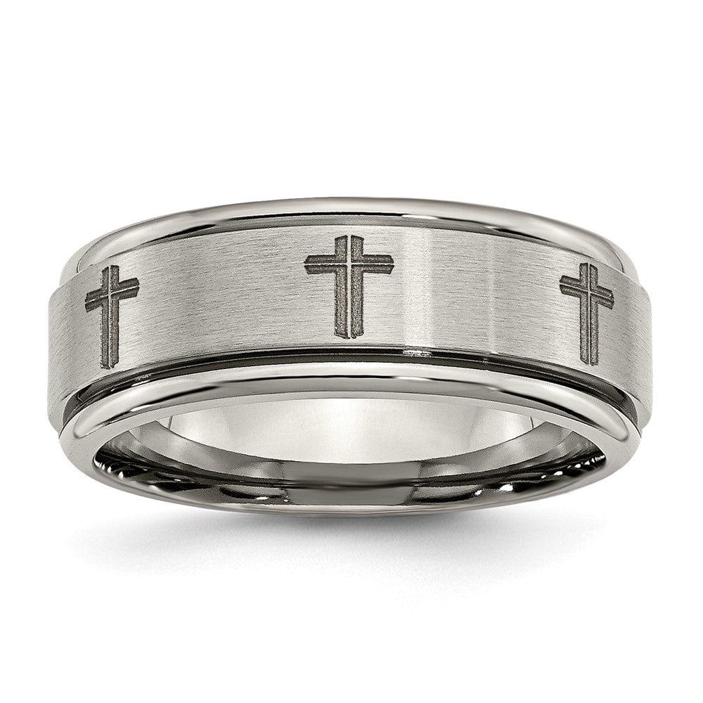 8mm Titanium Laser Etched Cross Grooved Edge Standard Fit Band, Item R11913 by The Black Bow Jewelry Co.
