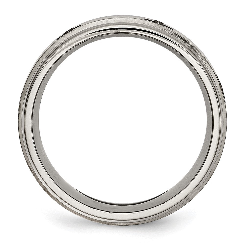 Alternate view of the 8mm Titanium Laser Etched Cross Grooved Edge Standard Fit Band by The Black Bow Jewelry Co.