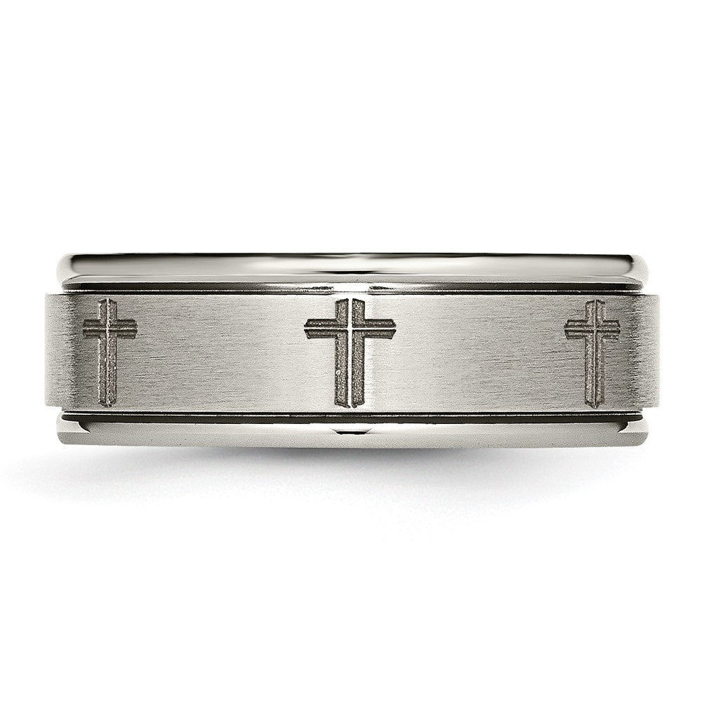 Alternate view of the 8mm Titanium Laser Etched Cross Grooved Edge Standard Fit Band by The Black Bow Jewelry Co.