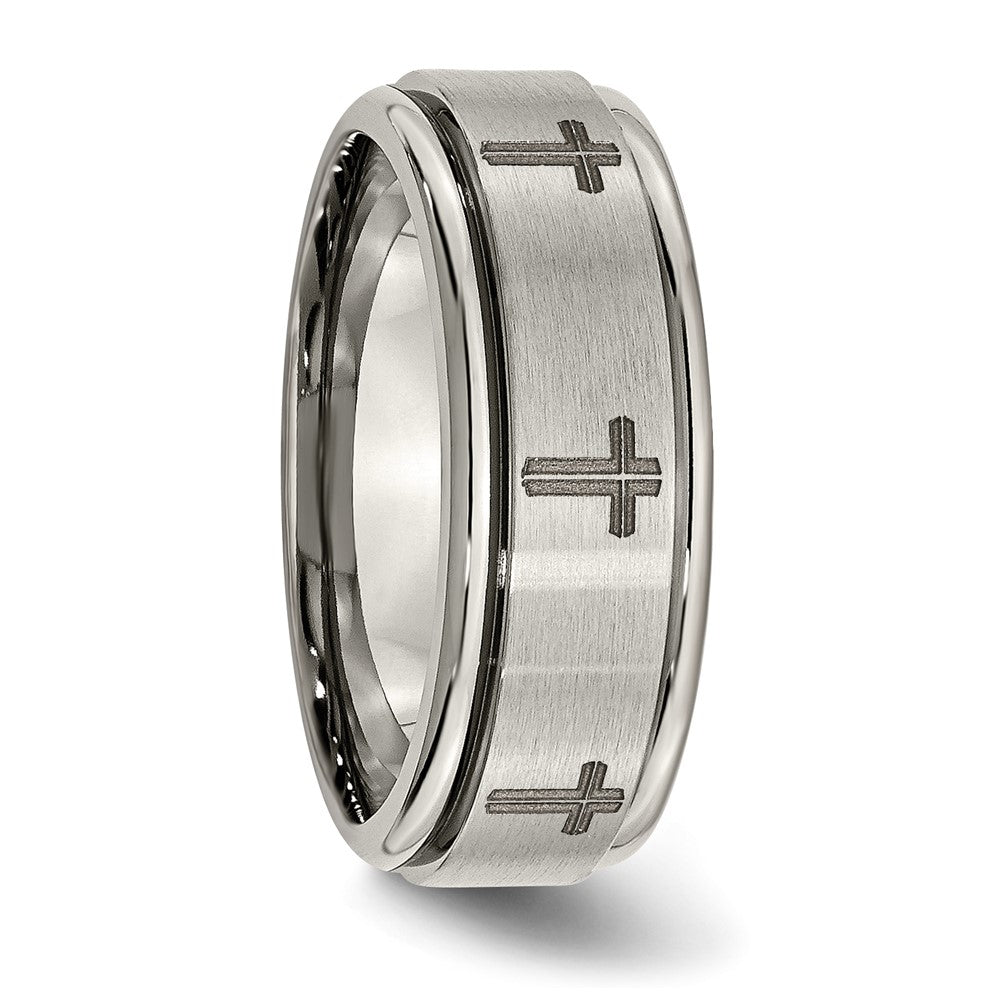 Alternate view of the 8mm Titanium Laser Etched Cross Grooved Edge Standard Fit Band by The Black Bow Jewelry Co.