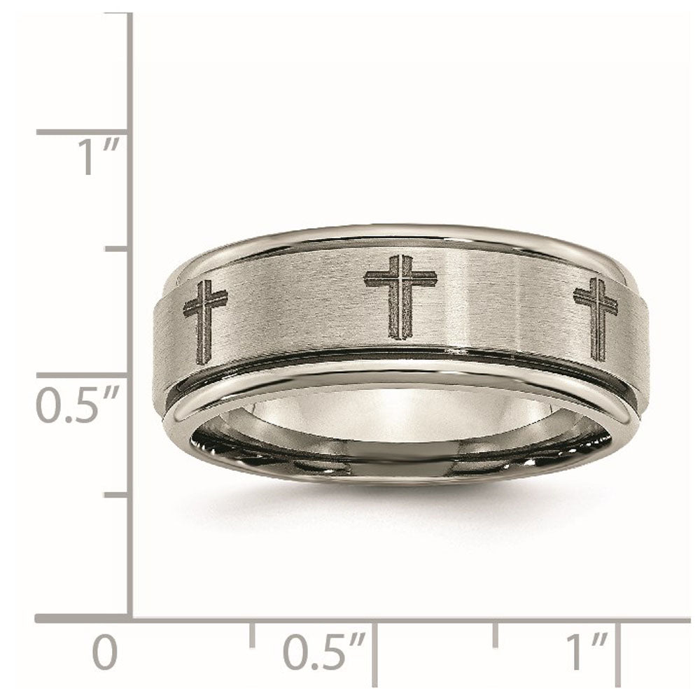 Alternate view of the 8mm Titanium Laser Etched Cross Grooved Edge Standard Fit Band by The Black Bow Jewelry Co.