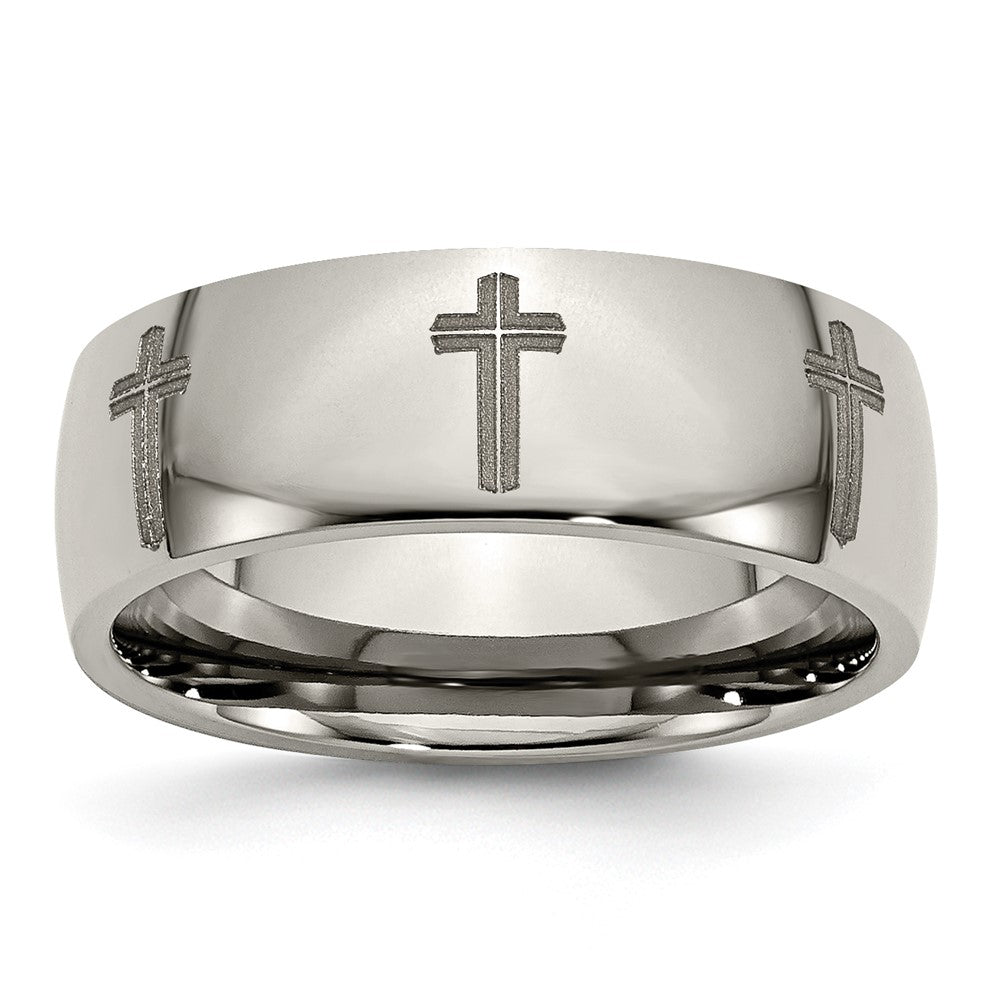 8mm Titanium Etched & Polished Cross Domed Standard Fit Band, Item R11915 by The Black Bow Jewelry Co.