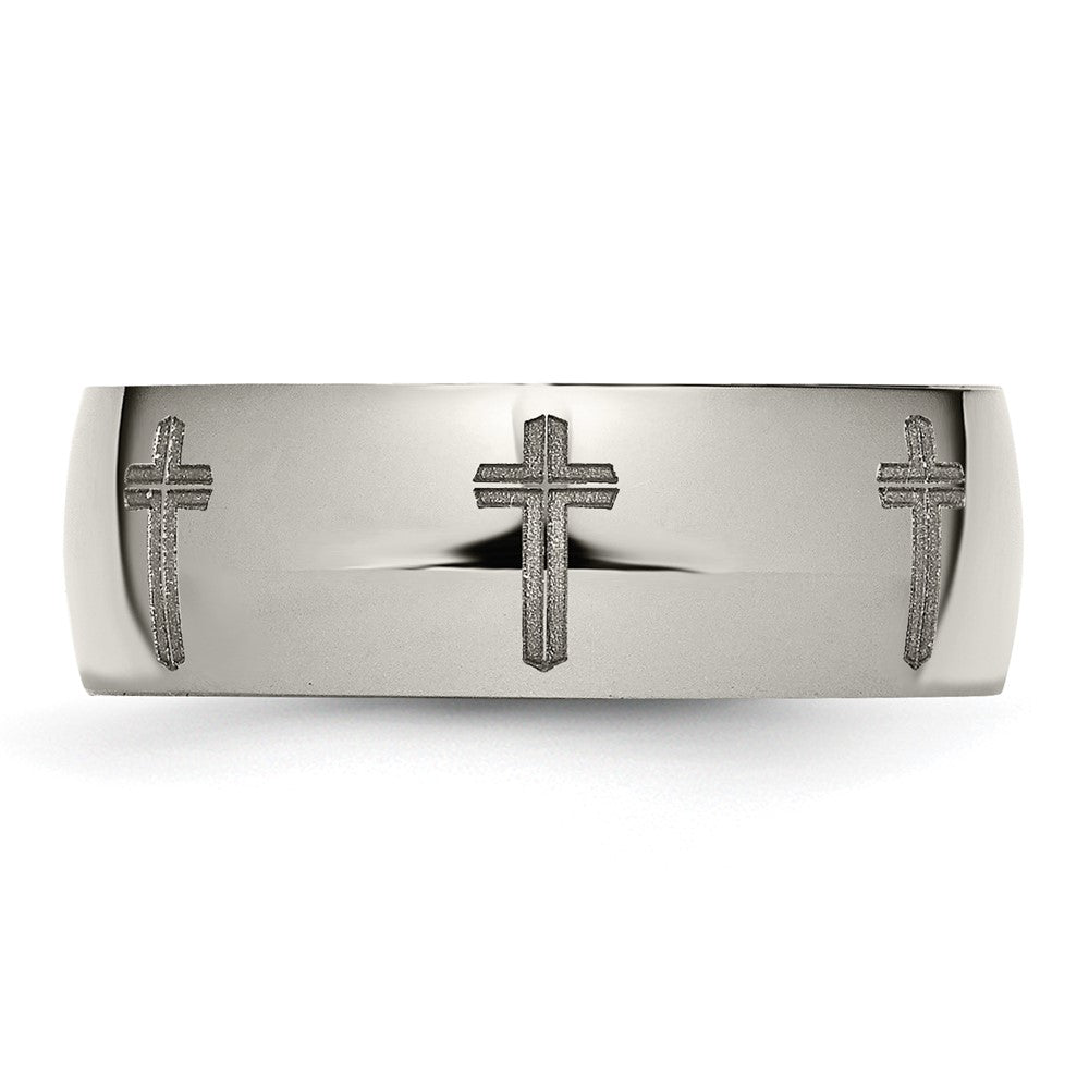 Alternate view of the 8mm Titanium Etched & Polished Cross Domed Standard Fit Band by The Black Bow Jewelry Co.