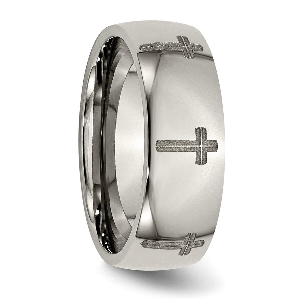 Alternate view of the 8mm Titanium Etched & Polished Cross Domed Standard Fit Band by The Black Bow Jewelry Co.