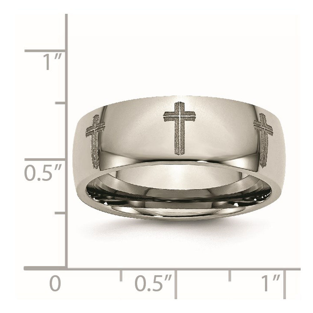 Alternate view of the 8mm Titanium Etched & Polished Cross Domed Standard Fit Band by The Black Bow Jewelry Co.