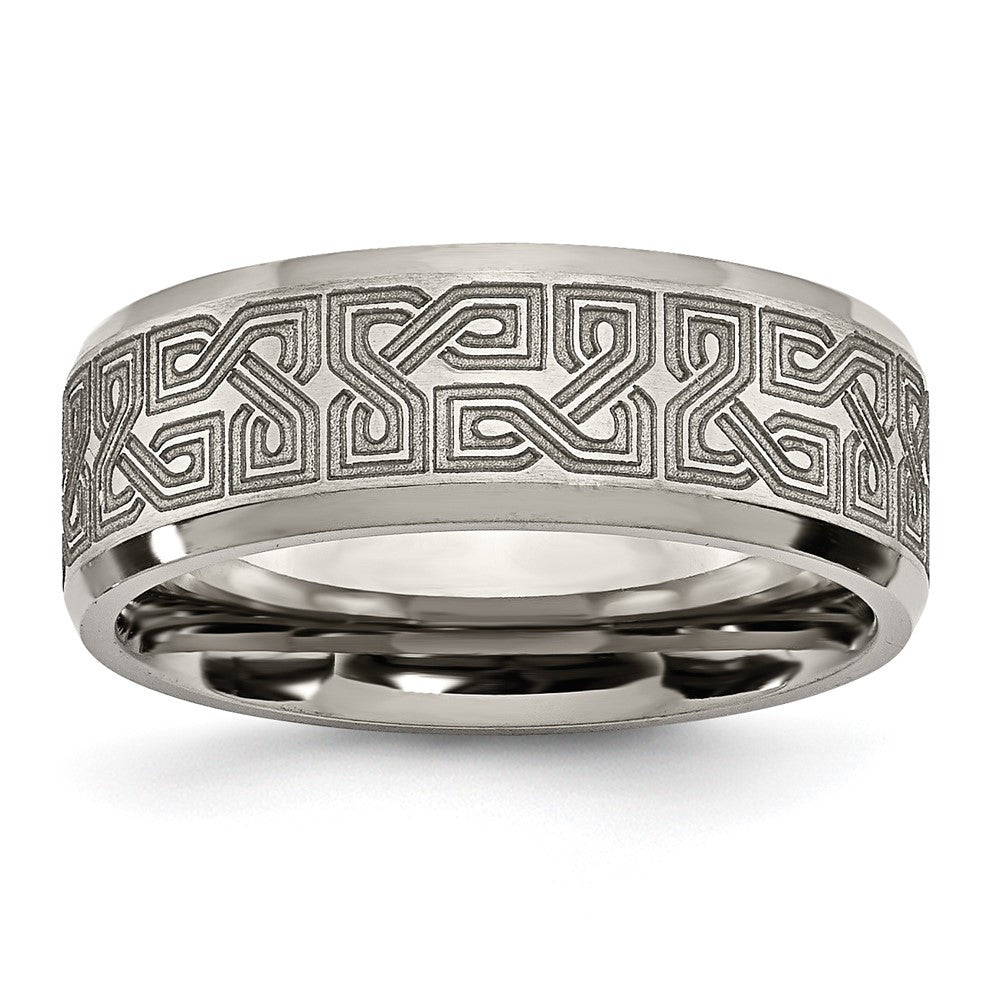 8mm Titanium Lasered Greek Key Beveled Edge Standard Fit Band, Item R11916 by The Black Bow Jewelry Co.