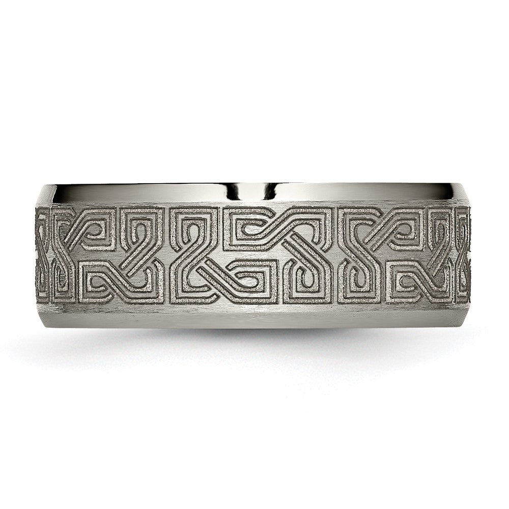 Alternate view of the 8mm Titanium Lasered Greek Key Beveled Edge Standard Fit Band by The Black Bow Jewelry Co.