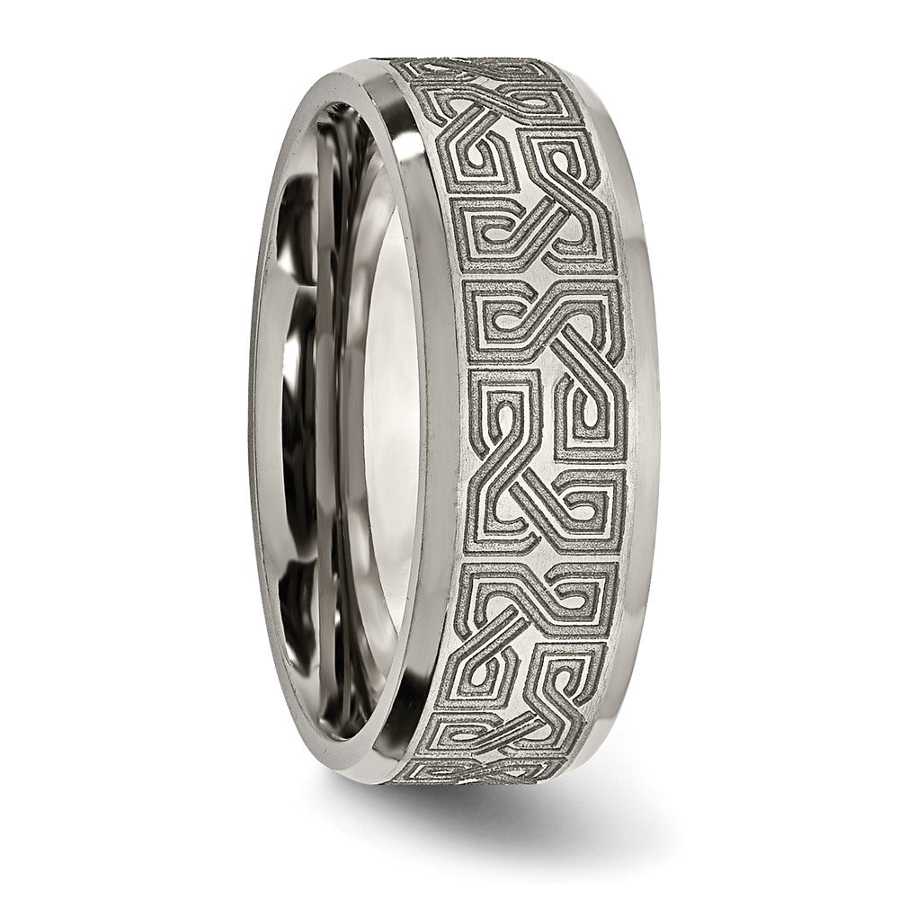 Alternate view of the 8mm Titanium Lasered Greek Key Beveled Edge Standard Fit Band by The Black Bow Jewelry Co.