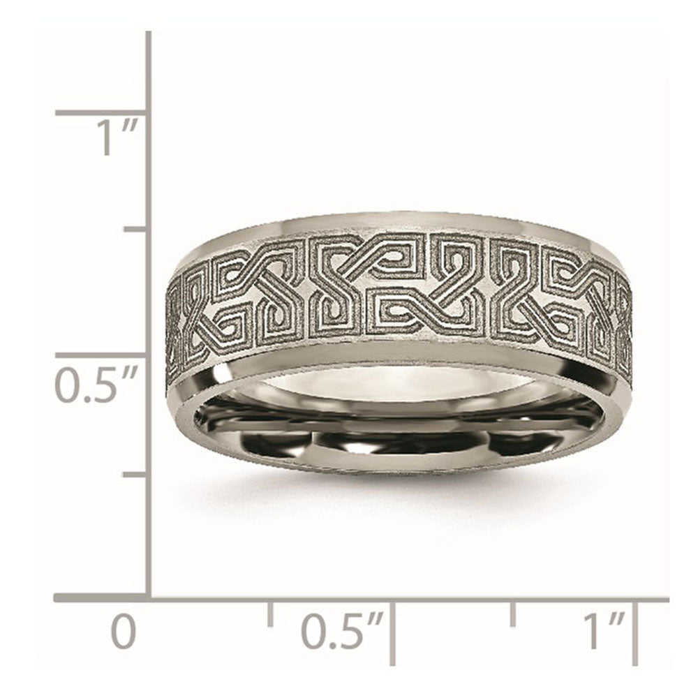 Alternate view of the 8mm Titanium Lasered Greek Key Beveled Edge Standard Fit Band by The Black Bow Jewelry Co.