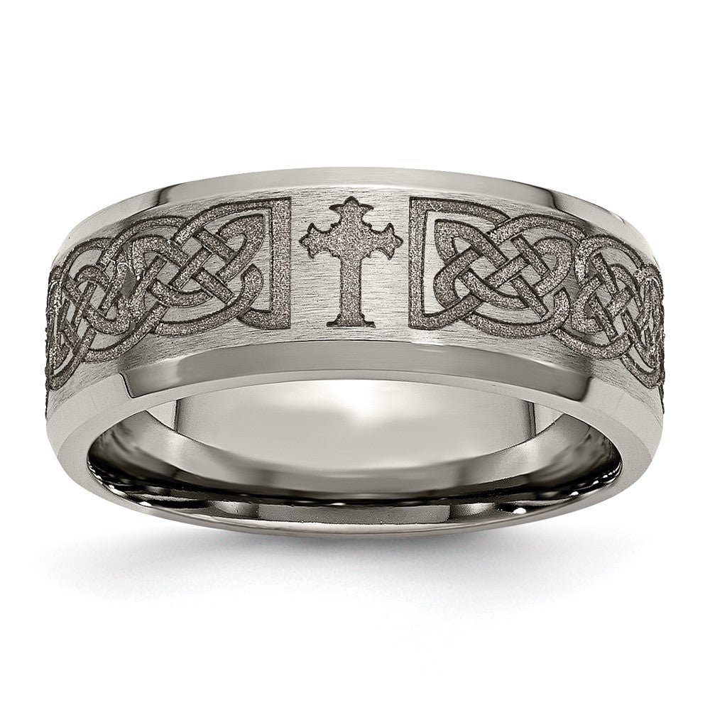 8mm Titanium Lasered Celtic Cross Beveled Edge Standard Fit Band, Item R11922 by The Black Bow Jewelry Co.