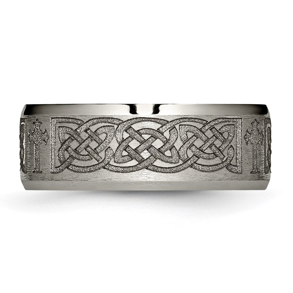 Alternate view of the 8mm Titanium Lasered Celtic Cross Beveled Edge Standard Fit Band by The Black Bow Jewelry Co.