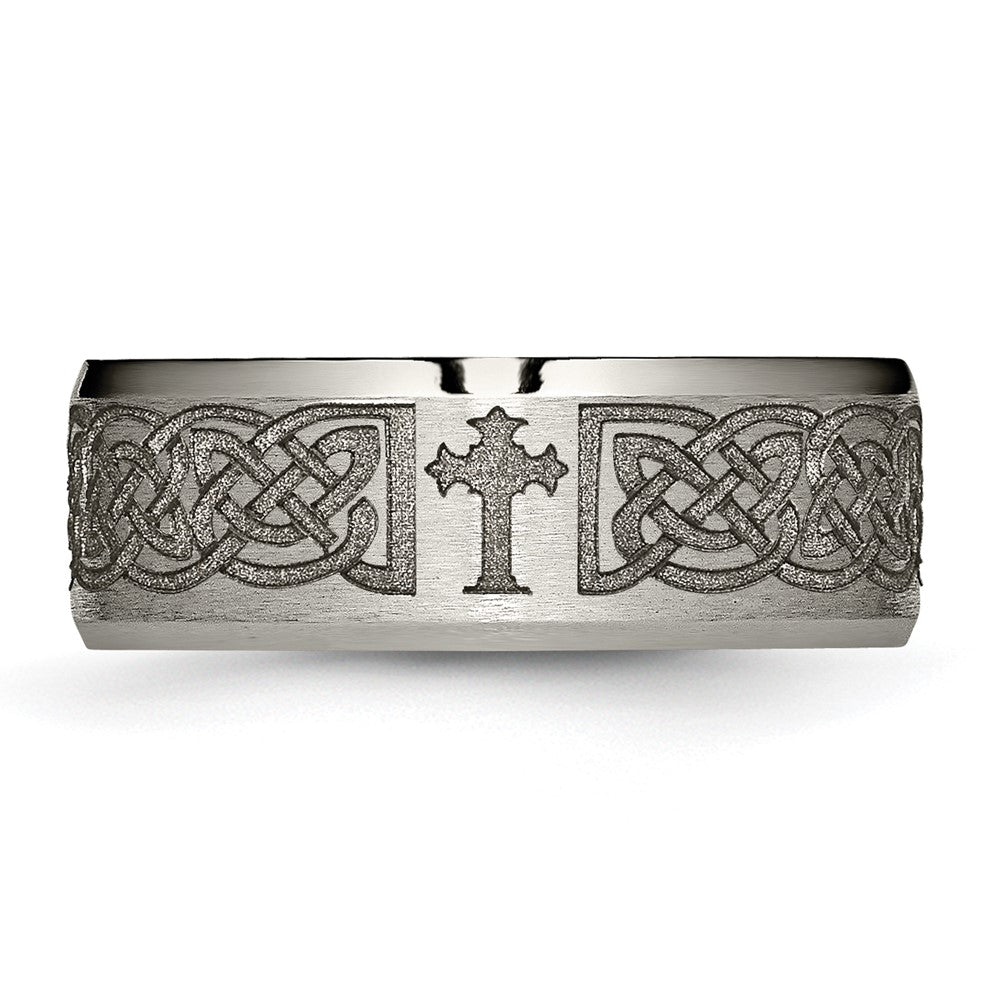 Alternate view of the 8mm Titanium Lasered Celtic Cross Beveled Edge Standard Fit Band by The Black Bow Jewelry Co.