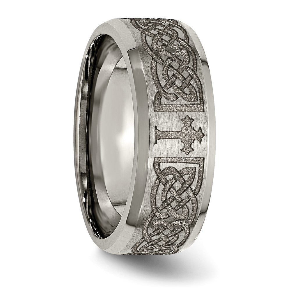 Alternate view of the 8mm Titanium Lasered Celtic Cross Beveled Edge Standard Fit Band by The Black Bow Jewelry Co.