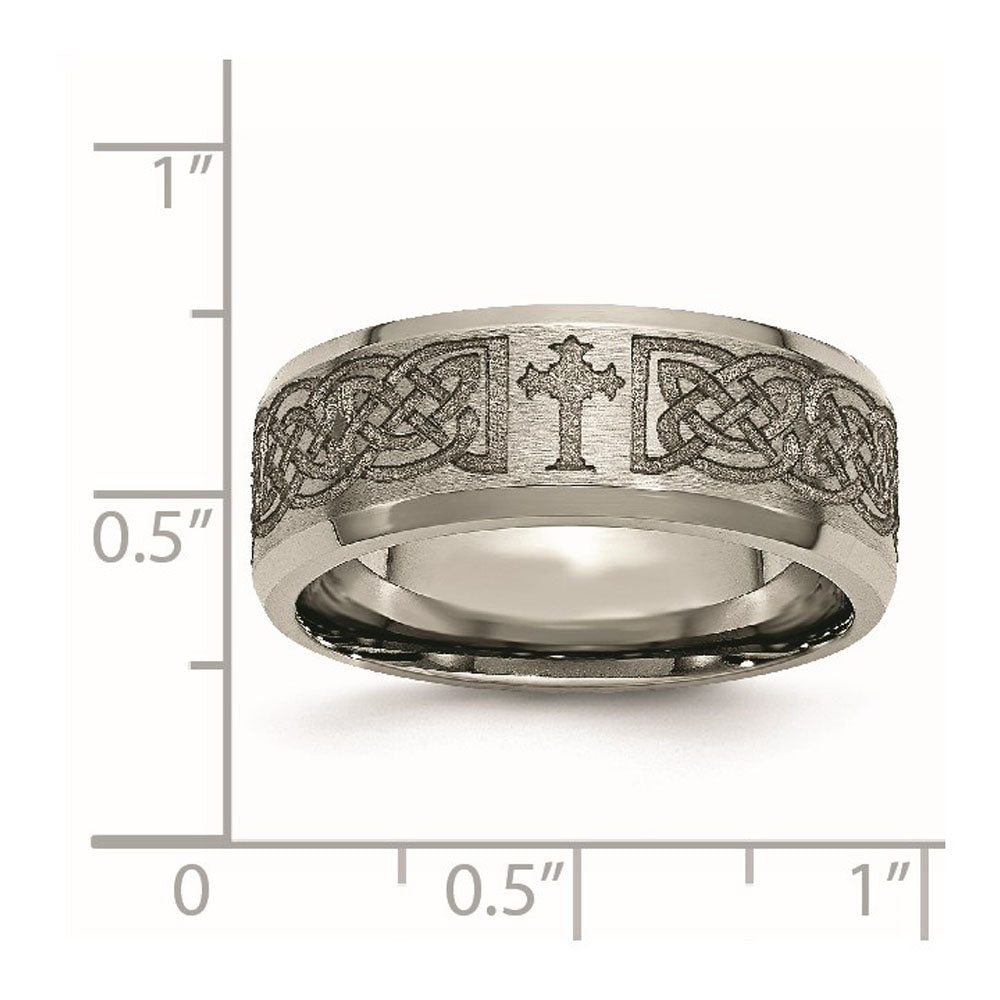 Alternate view of the 8mm Titanium Lasered Celtic Cross Beveled Edge Standard Fit Band by The Black Bow Jewelry Co.