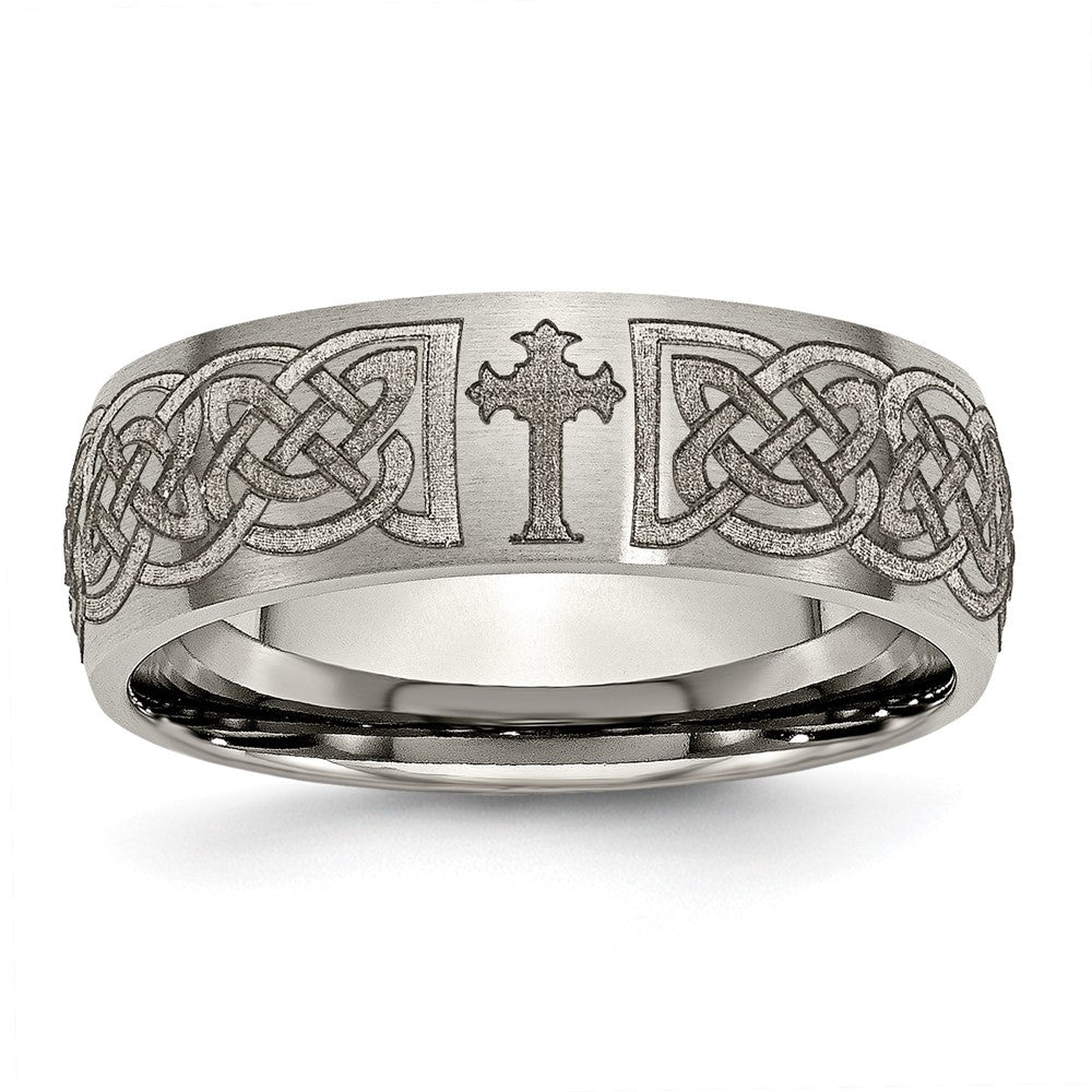 8mm Titanium Etched & Brushed Celtic Cross Domed Standard Fit Band, Item R11924 by The Black Bow Jewelry Co.