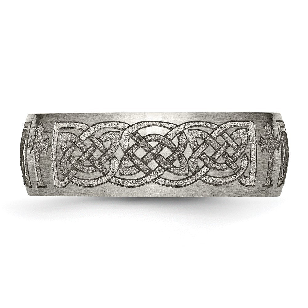 Alternate view of the 8mm Titanium Etched & Brushed Celtic Cross Domed Standard Fit Band by The Black Bow Jewelry Co.