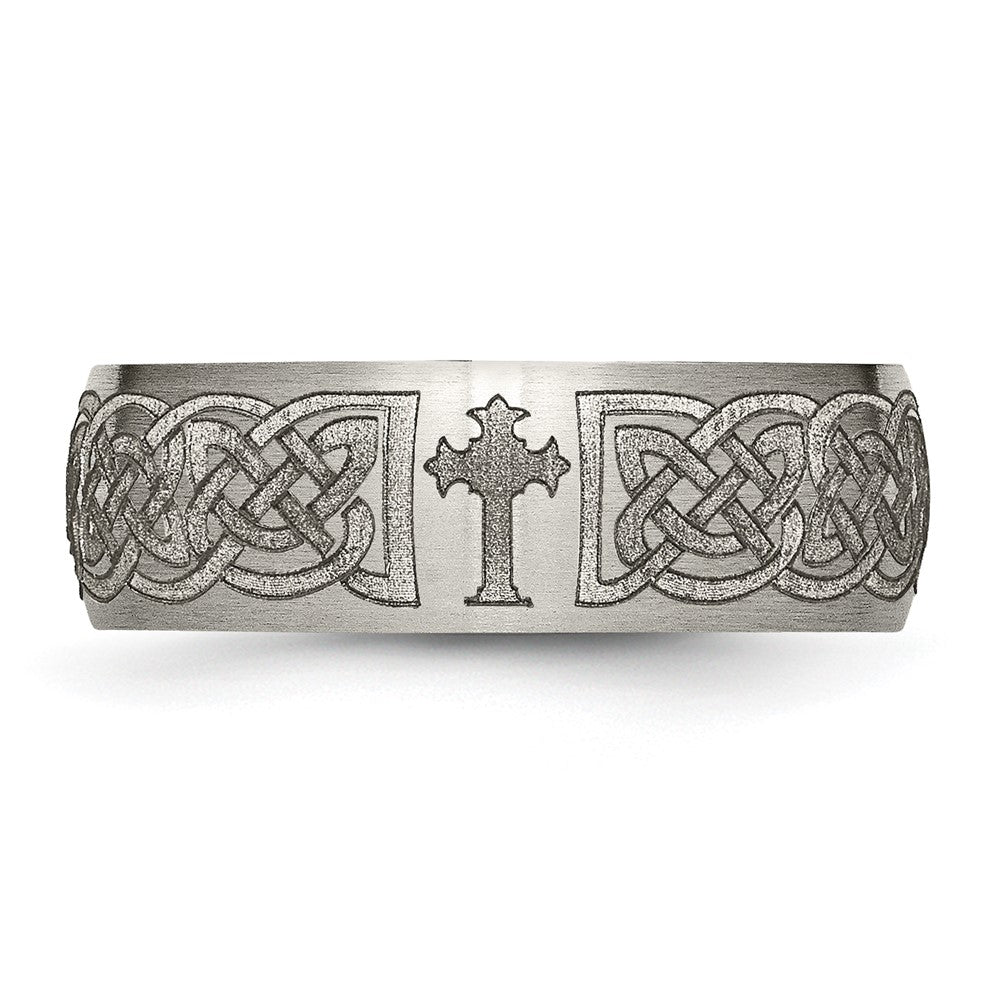 Alternate view of the 8mm Titanium Etched & Brushed Celtic Cross Domed Standard Fit Band by The Black Bow Jewelry Co.