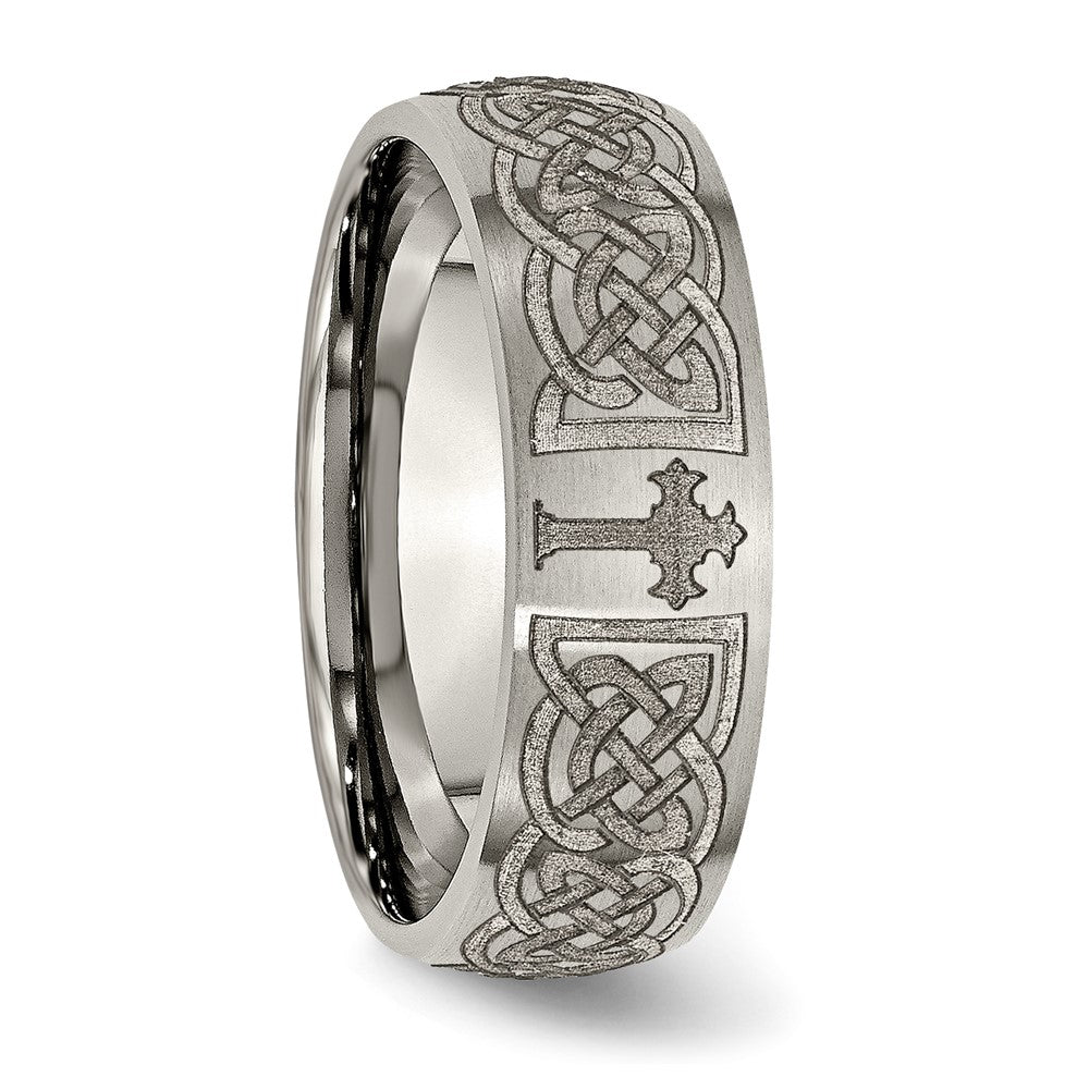 Alternate view of the 8mm Titanium Etched & Brushed Celtic Cross Domed Standard Fit Band by The Black Bow Jewelry Co.