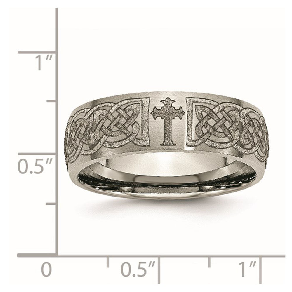 Alternate view of the 8mm Titanium Etched & Brushed Celtic Cross Domed Standard Fit Band by The Black Bow Jewelry Co.