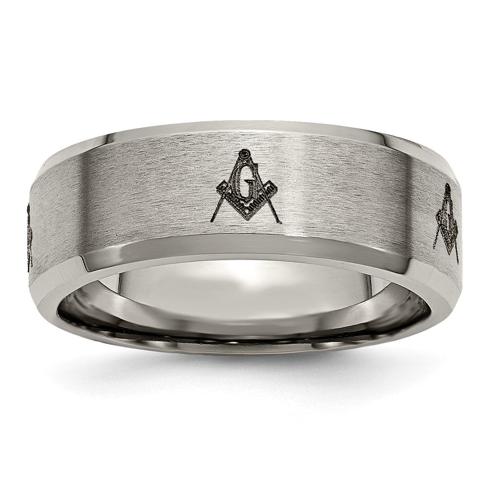 8mm Titanium Laser Etched Masonic Beveled Standard Fit Band, Item R11926 by The Black Bow Jewelry Co.