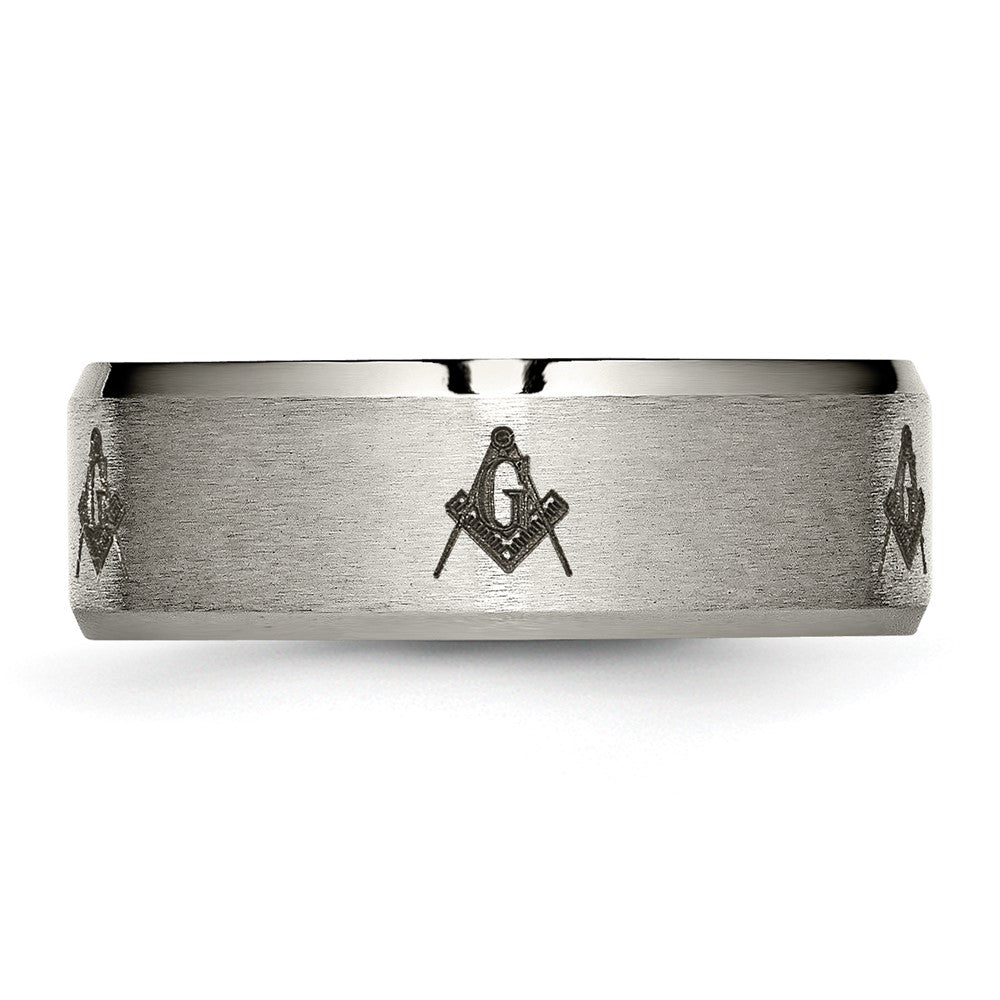 Alternate view of the 8mm Titanium Laser Etched Masonic Beveled Standard Fit Band by The Black Bow Jewelry Co.